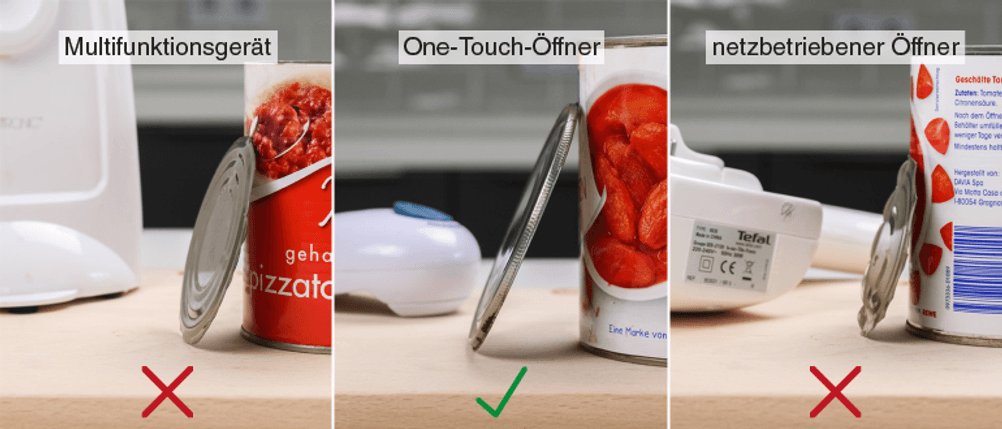 Collage zeigt die Schnittergebnisse verschiedener Dosenöffner-Arten.
