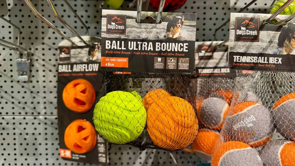 Hundeball getestet: Mehrere unterschiedliche Ausführungen hängen in einem Hängeregal.