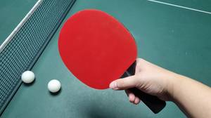 Tischtennisschläger in der Hand, davor das Netz der Platte und ein Ball