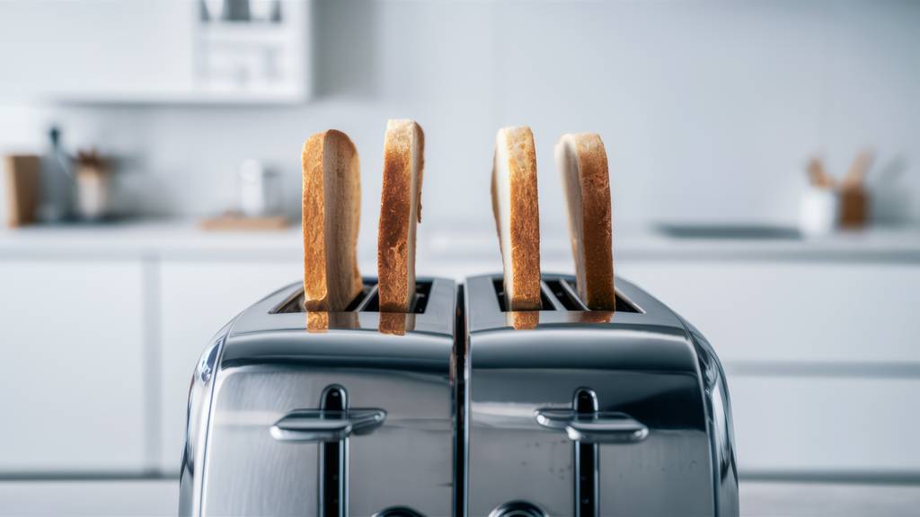 Doppel-Langschlitztoaster-Test: Auf einer Küchenfläche steht ein Toaster mit vier Scheiben Toast. 