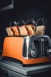 Doppel-Langschlitztoaster-Test: Auf einem Herd steht ein orangener Doppel-Langschlitztoaster mit mehreren Scheiben Toast. 