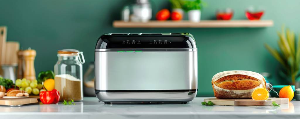 Doppel-Langschlitztoaster-Test: auf einer Küchenfläche steht ein silberner Toaster aus Edelstahl.