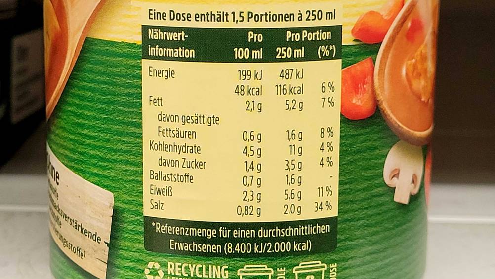 Dosengulasch getestet: Nahaufnahme der Nährwerte auf der Verpackung.