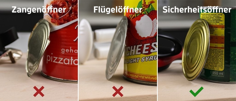 Drei Bilder mit Dosen und geöffnetem Deckel 