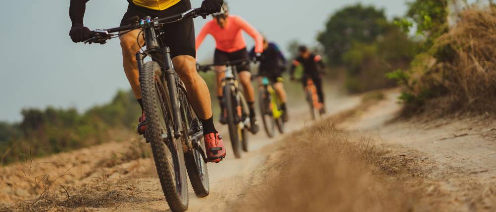 Downhill Federgabel Test: eine Gruppe von Downhill-Radlern fährt auf einem Weg