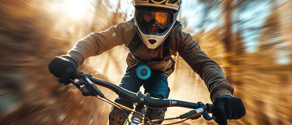 Downhill Federgabel Test: Downhill-Fahrer fährt frontal auf den Fotografen zu.