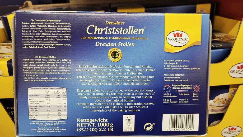 Auf der Verpackung des getesteten Dresdner Christstollen von Dr. Quendt stehen einige Informationen.