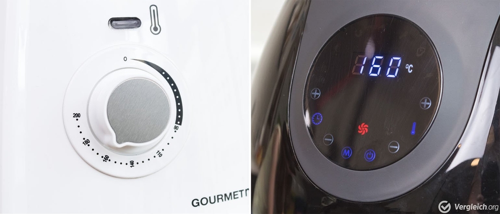 Bei getesteten Heißluftfritteusen kann die Temperatur entweder per Touchdisplay oder per Drehrad reguliert werden.