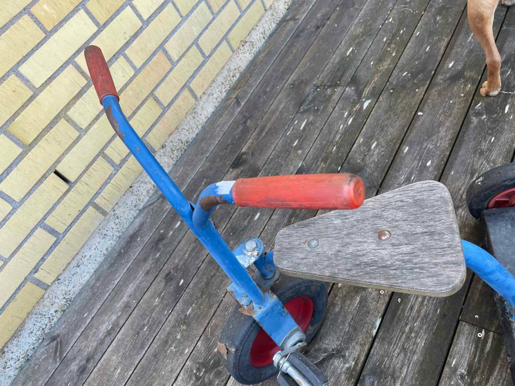 Ein Dreirad im Test von oben auf einer Holzterrasse.