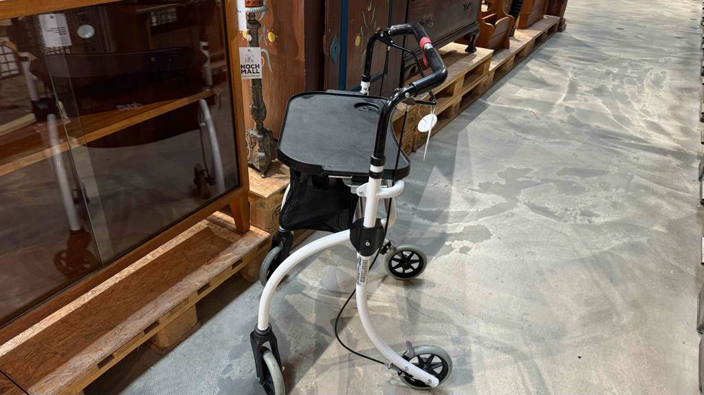 Im Test: Ein Wohnungsrollator, gebraucht, von der Seite gesehen, steht in einem Warenlager.