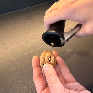 Eine Hand hält eine geknackte Walnuss aus dem Drosselmeyer-Nussknacker ‎DR03 fest