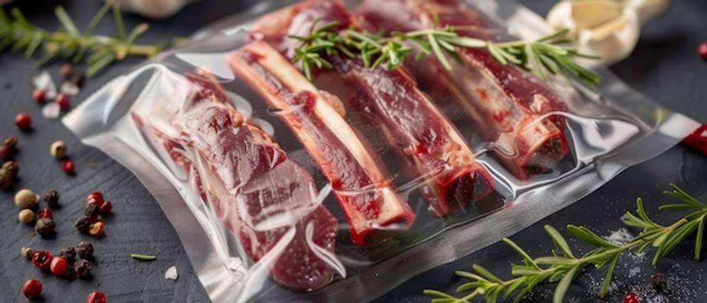 Dry-Age-Beutel im Test: Vier Fleischstücke sind liegen in einem Vakuumbeutel, garniert mit Rosmarin.