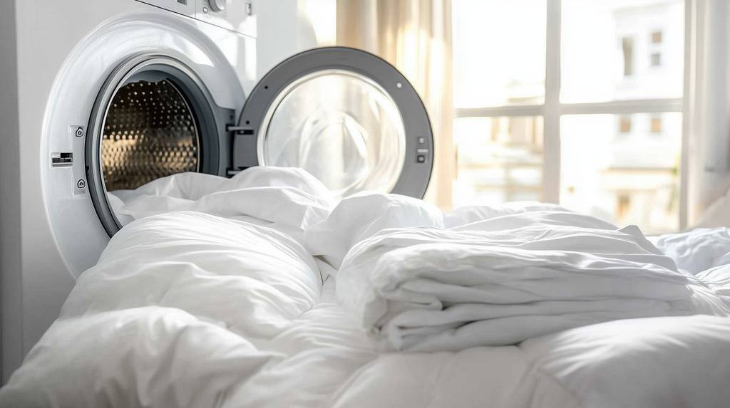 Duo-Steppbett-Test: Zu sehen sind große Bettdecken vor einer Waschmaschine.