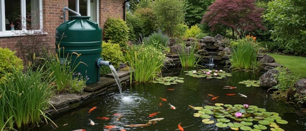 Durchlauffilter-Test: Eine grüne Durchlauffilteranlage steht am Rand eines Koi-Teiches und lässt Wasser zurück in den Teich fließen.