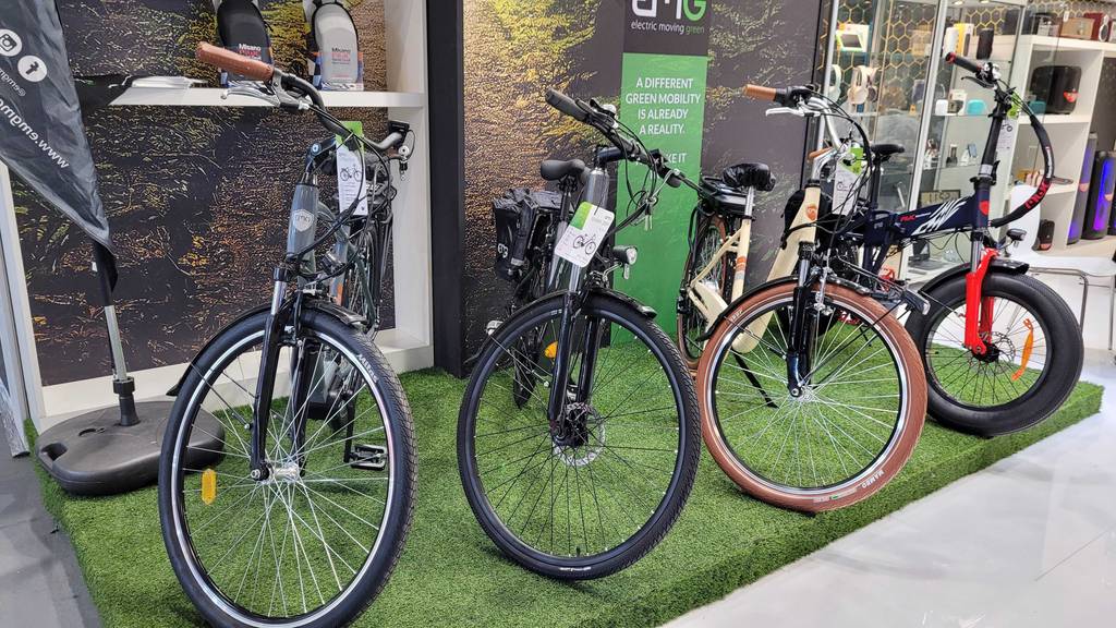 Vier getestete E-Bikes-für Herren auf einer Rasenoberfläche. 