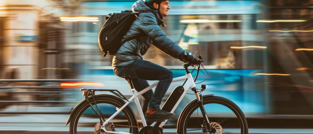 Trekking-E-Bike Herren Test: Ein Mann fährt mit einem Trekking-E-Bike im Straßenverkehr. Dahinter ist eine verschwommene Straßenbahn zu sehen.