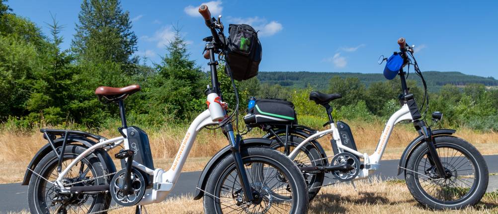 E-Bike-Klapprad-Test: 2 E-Bike-Klappräder, die neben einer Straße in der freien Natur stehen