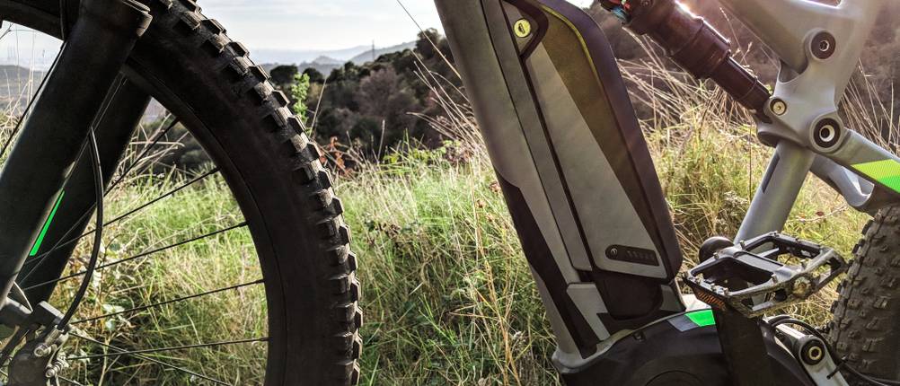 Ein E-Bike steht in der Natur.