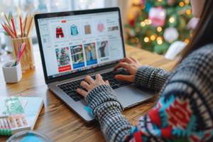 E-Commerce-Plattformen im Test: Eine Frau kauft an einem Laptop in einem Onlineshop ein.