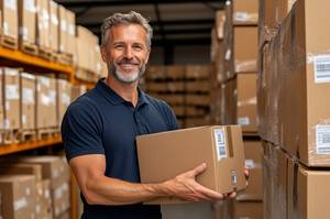 E-Commerce-Plattformen im Test: Ein mittelalter Mann mit Bart hält einen Karton in der Hand.