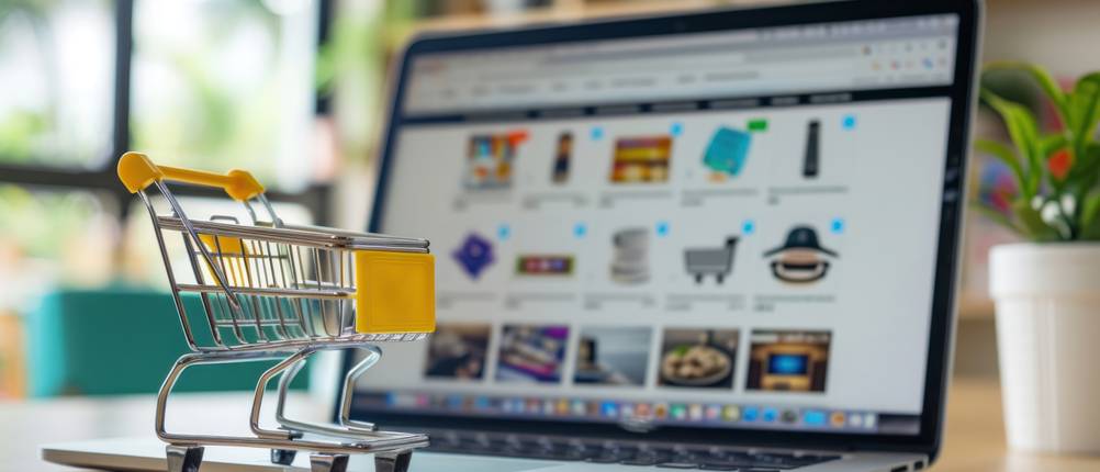 E-Commerce-Plattformen im Test: Ein kleiner Einkaufswagen steht vor einem Laptop, auf dem ein Onlineshop angezeigt wird.
