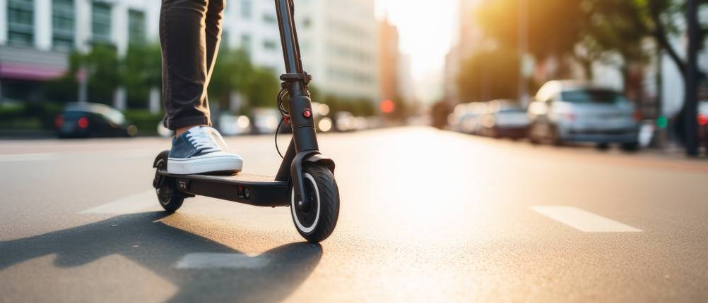 E-Scooter-Versicherung-Test: Eine Person fährt auf einem E-Scooter über eine Straße.