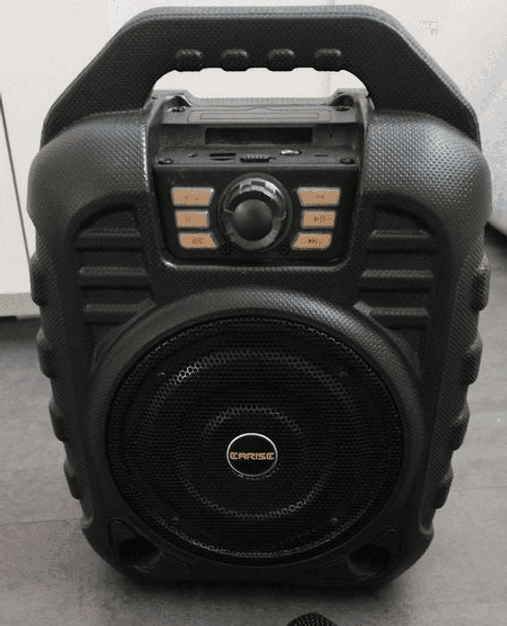 Karaoke-Anlage im Test: Nahaufnahme von vorn eines schwarzen Modells der Marke Earise, mit Handgriff und ohne Display.