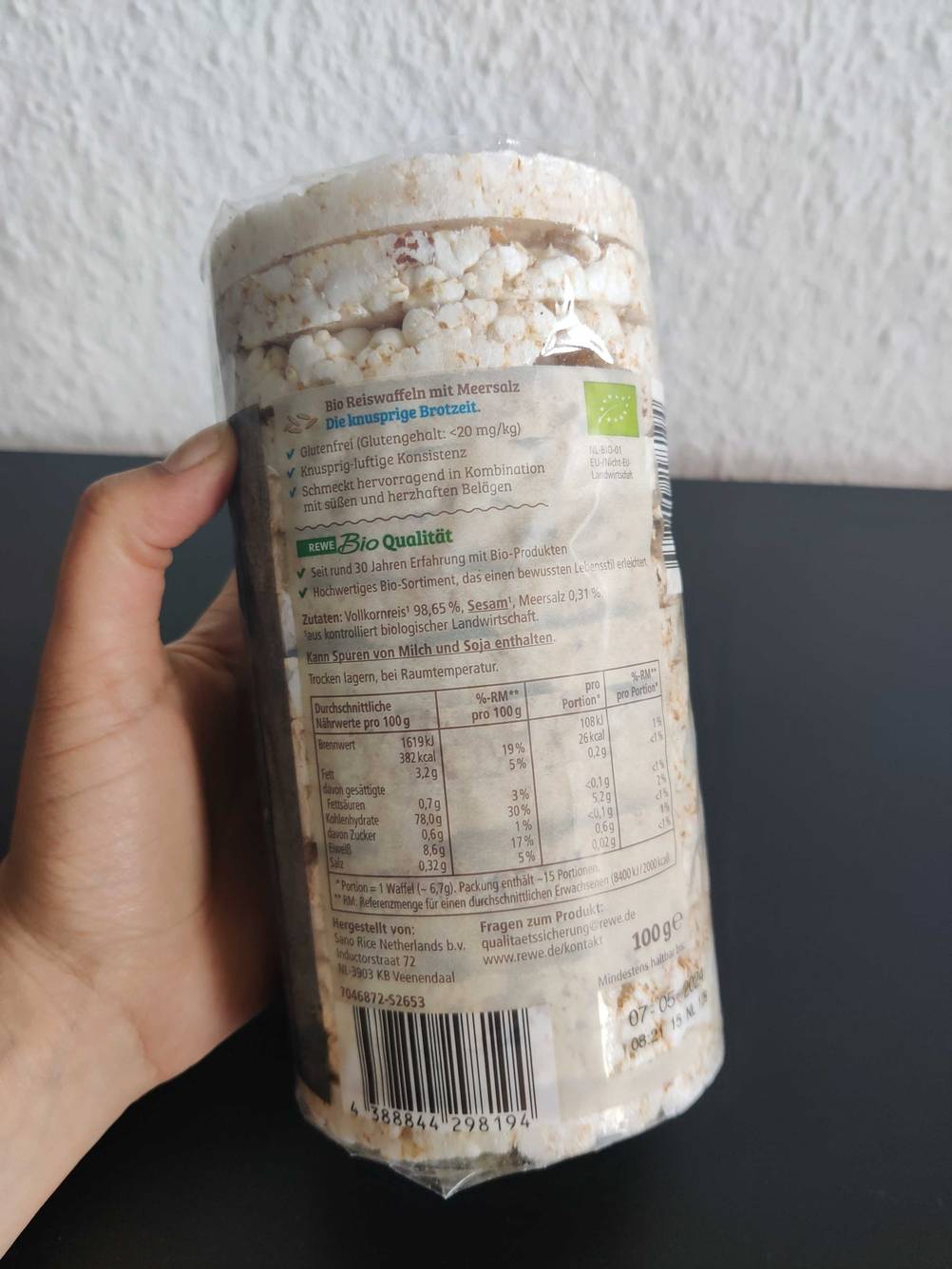 Reiswaffeln Verpackung mit Nährwerangabe.