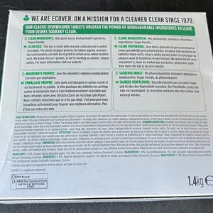 Die Rückseite der Verpackung der Ecover-Classic-Spülmaschinentabs.