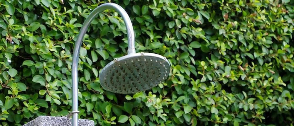 Edelstahl-Gartenduschen-Test: Ein Duschkopf in Nahaufnahme vor einer grünen Hecke.