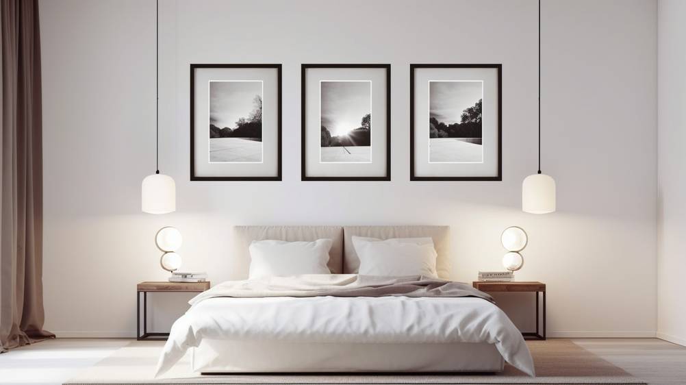 In einem hellen Schlafzimmer stehen ein Bett und zwei Nachttische. Über dem Bett hängen drei Bilder.