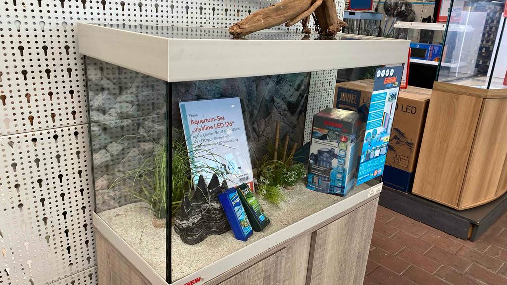 Aquarium im Test: ein Eheim Aquarium als Ausstellungsstück, von schräg vorn betrachtet.