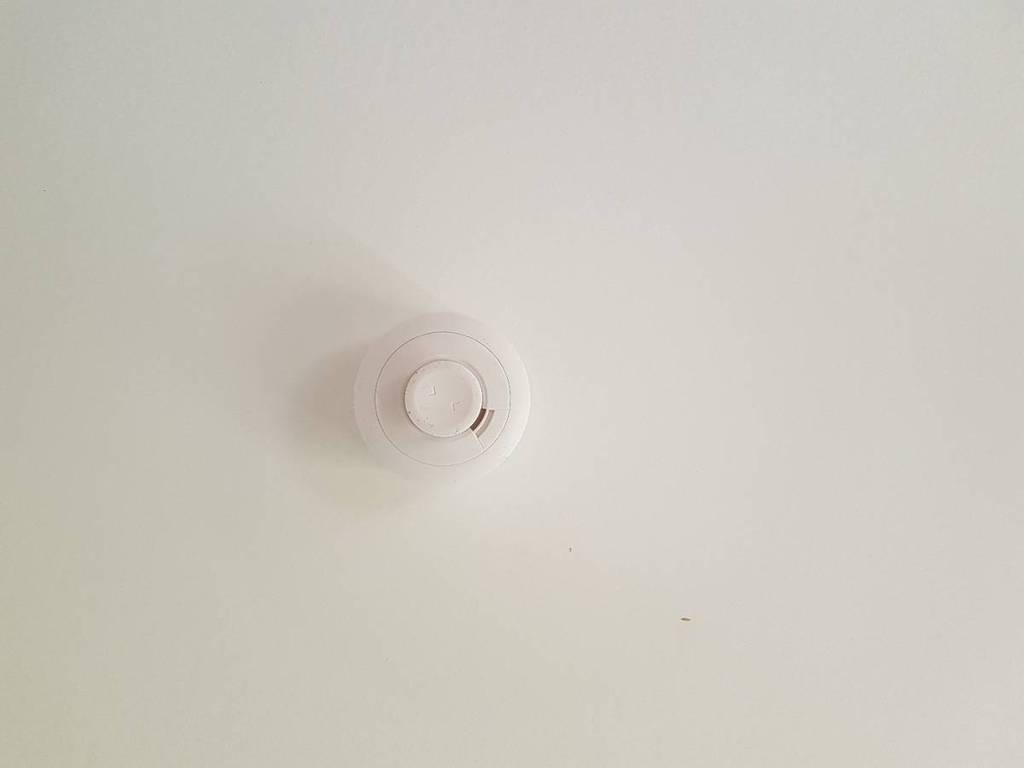 Blick auf einen an der Decke installierten und getesteten Rauchmelder in Weiß.