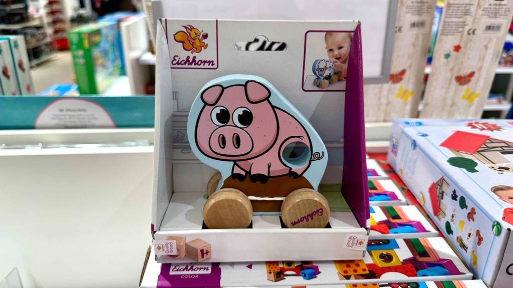 Schiebetier getestet: Ein in Originalkarton verpacktes Motiv Schwein steht auf Kartons mit Bauklötzen.