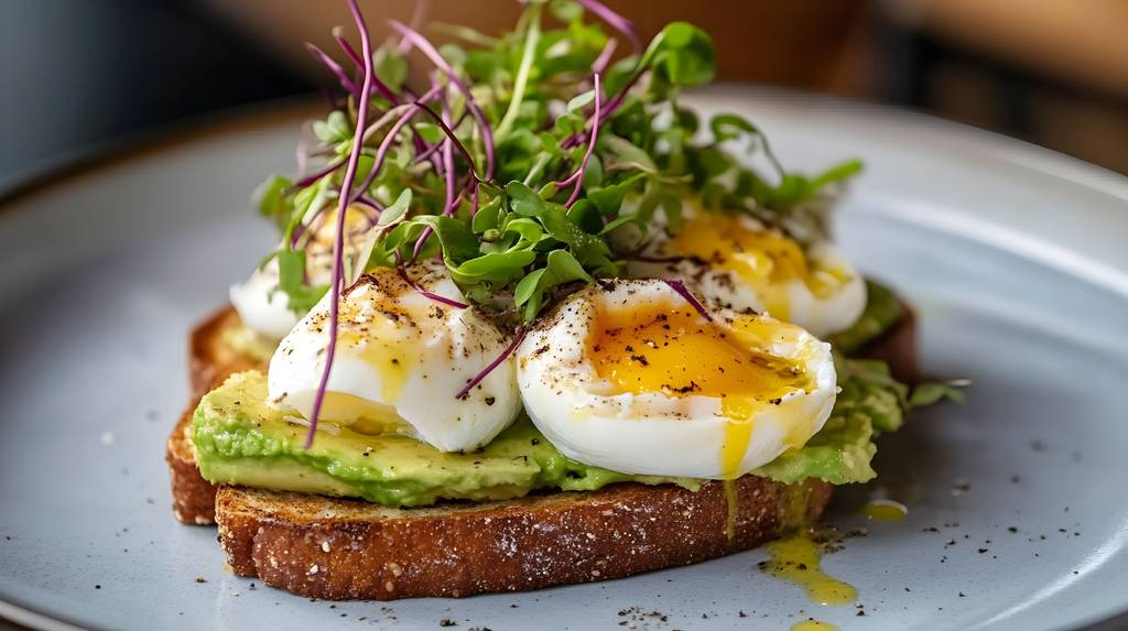 Eier-Pochierer-Test: Avocadobrot mit pochierten Eiern und Sprossen. 