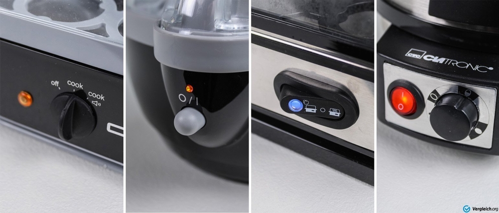 Eierkocher-Test: Detailansicht der Bedienelemente mehrerer unterschiedlicher Eierkocher.