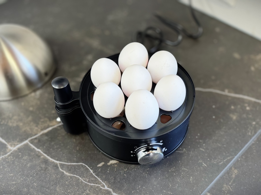 Im getesten Eierkocher von WMF befinden sich sieben weiße Eier.