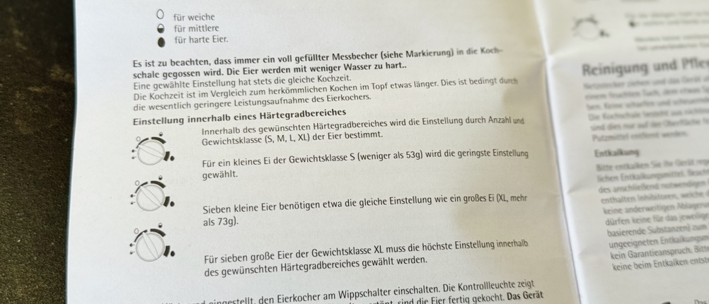 In der Bedienungsanleitung des getesteten Eierkochers von WMF sind die verschiedenen Einstellungen erklärt.