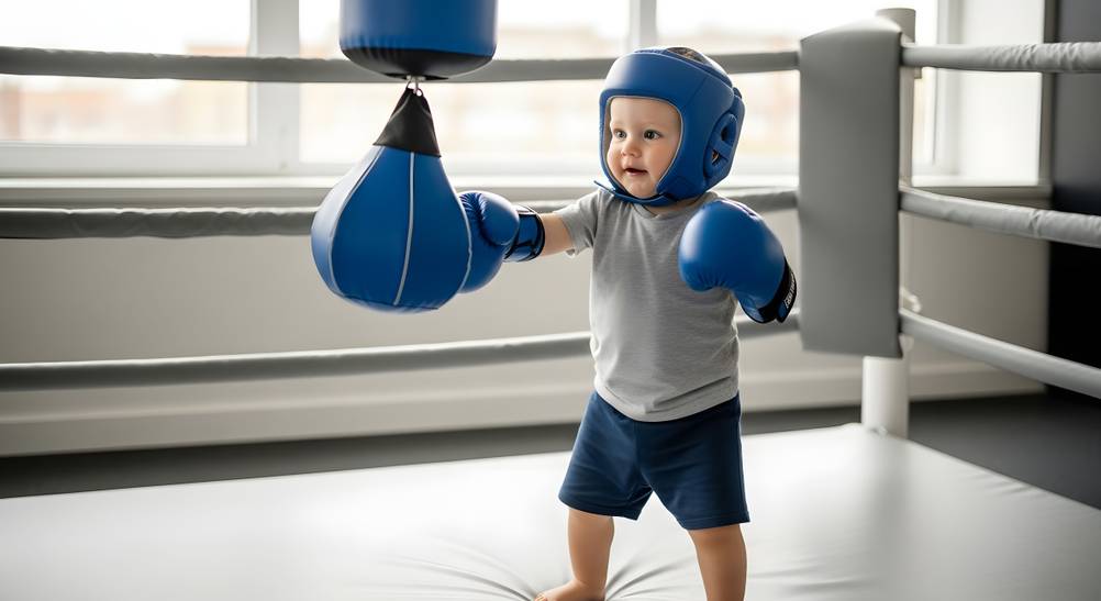Kinder-Boxsäcke im Test: Ein kleiner Junge mit blauem Helm und blauen Handschuhen trainiert im Ring an einem blauen Mini-Boxsack.