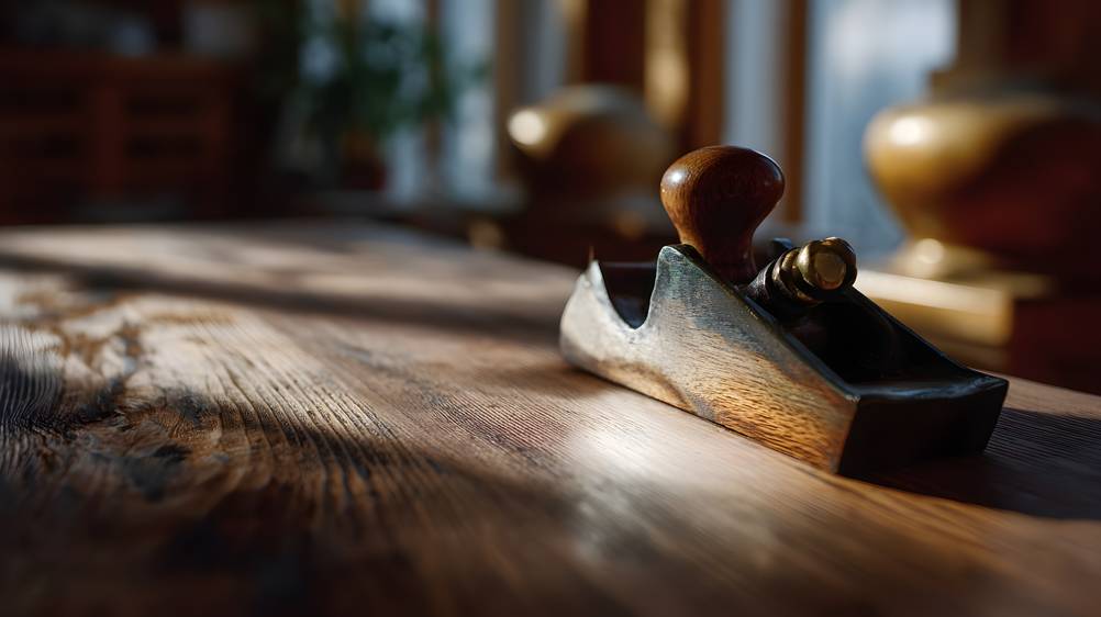 Einhandhobel im Test: ein älterer Hobel steht im Zwielicht auf einer Holzoberfläche