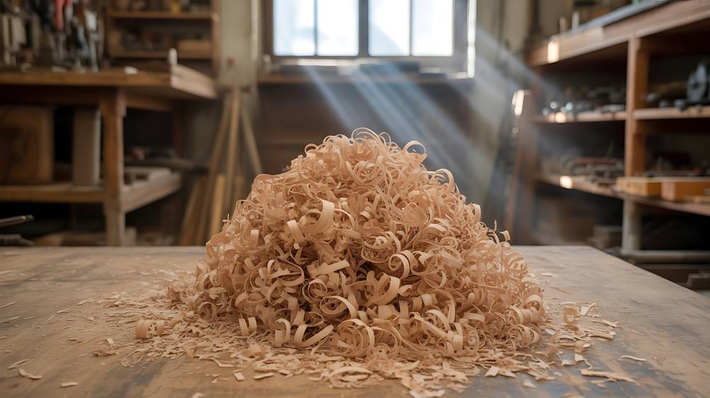 Einhandhobel im Test: Ein Haufen Späne in einer Werkstatt.