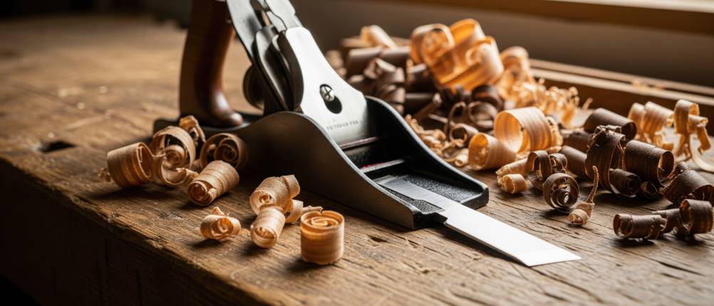 Einhandhobel im Test: Er steht auf einer Werkbank aus Holz umgeben von Spänen.