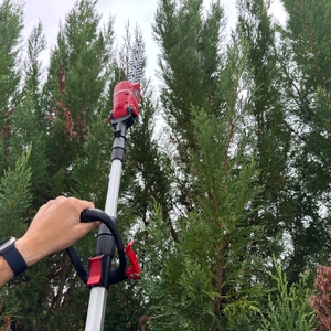 Mit der Einhell-Akku-Teleskop-Heckenschere GE-HH wird eine Hecke geschnitten
