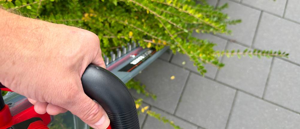 Mit der Einhell ARCURRA 18/55 wird eine Hecke geschnitten