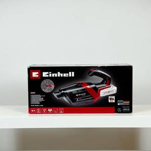 Vorderseite der Produktverpackung des Einhell TE-HV 18/06 mit Abbildung des Geräts, Leistungsdaten und Akkuhinweis.