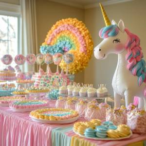 Einhorn-Tortendeko im Test: Büffet mit Cupcakes und Muffins und großem Einhorn in Pastellfarben.
