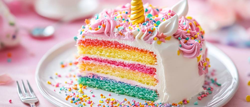 Einhorn-Tortendeko im Test: Einhorn-Torte mit verschiedenen Teigschichten in Regenbogenfarben auf einem Teller mit kleinen Zuckerperlen.