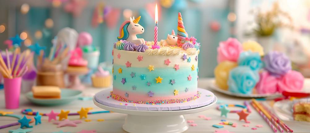 Einhorn-Tortendeko im Test: Einhorn-Torte in Pastelltönen mit passender Deko im Hintergrund.