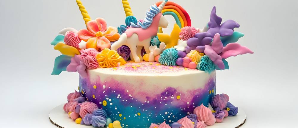 Einhorn-Tortendeko im Test: üppig gefüllte Einhorn-Torte mit Einhorn, Hörnern, Regenbogen und vielen Blumen.
