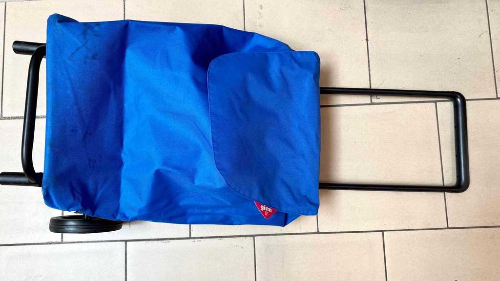 Einkaufstrolley-Test: Blauer Trolley auf hellen Fliesen.